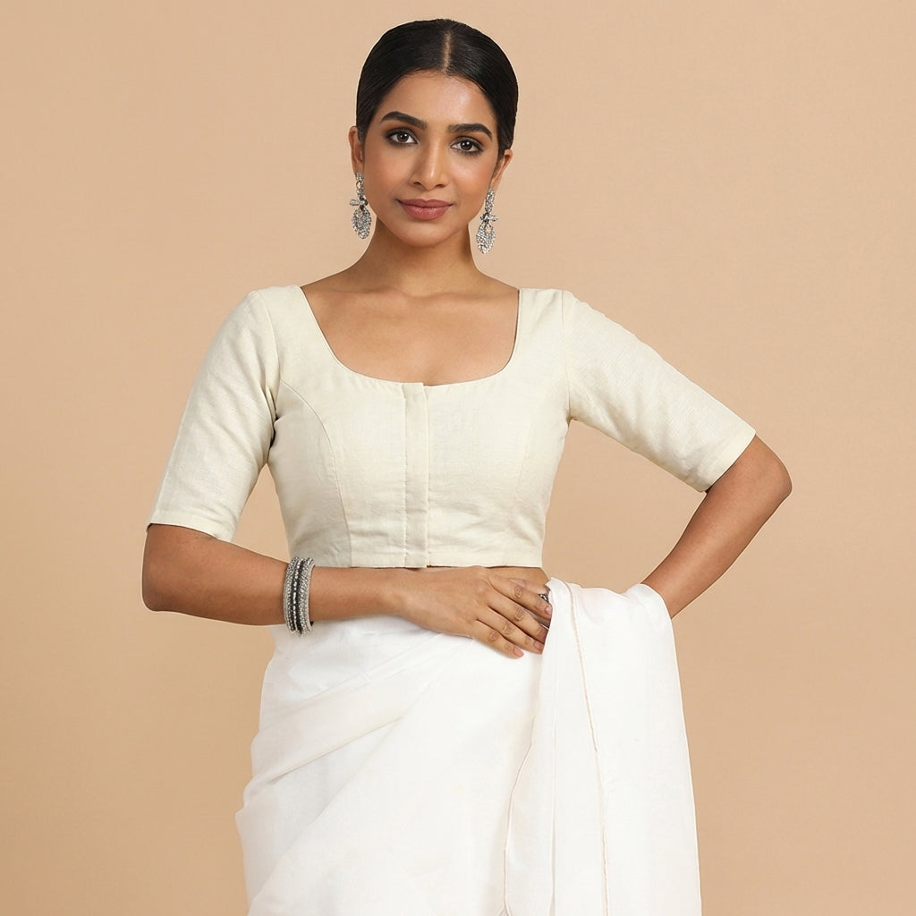 Meghna x Rozaana Saree Blouse, in White 70% Cotton 30% Linen, featuring elbow sleeves and round neckline (view 5).