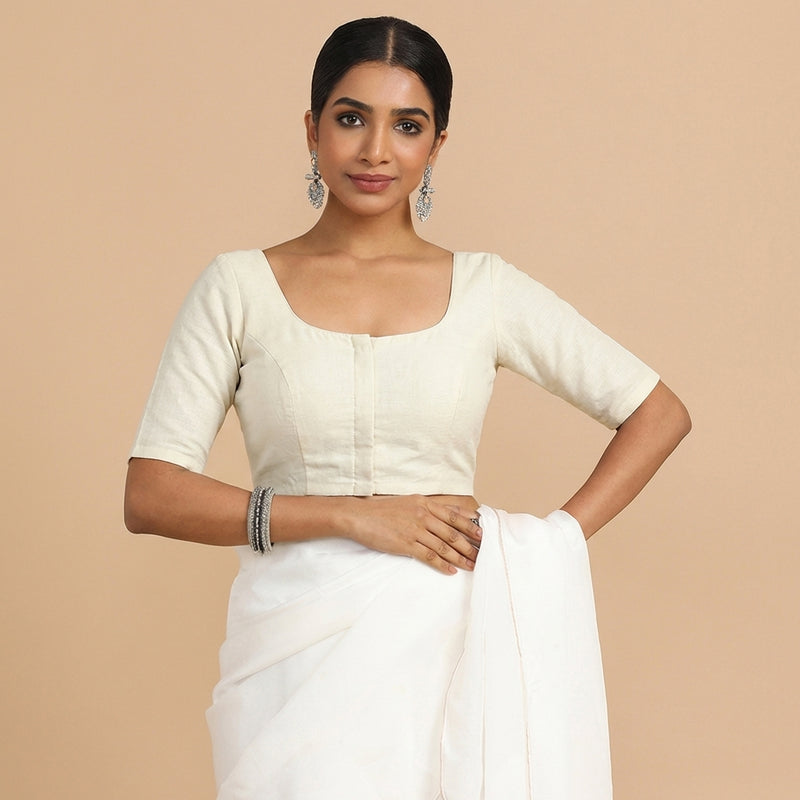 Meghna x Rozaana | Elbow Sleeves Chalk White Linen Saree Blouse-Binks