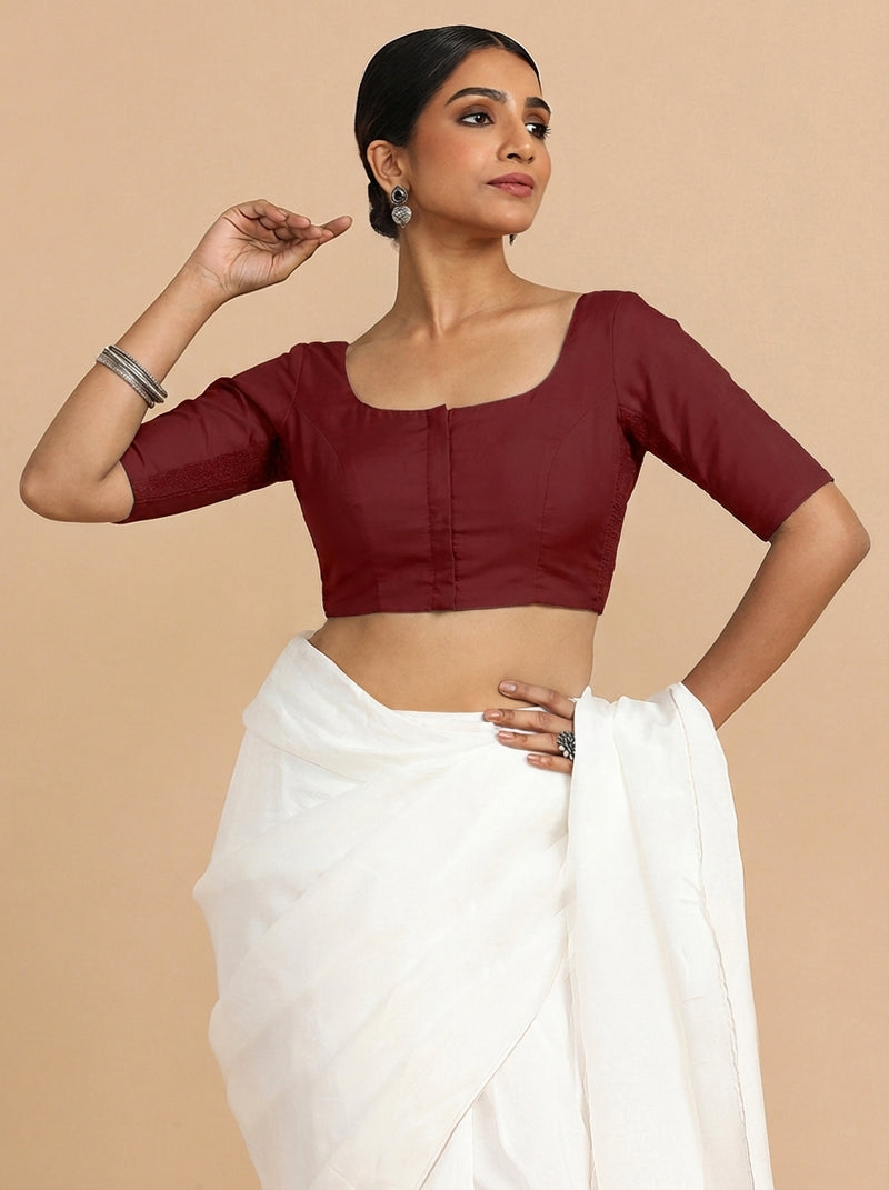 Meghna x Rozaana | Elbow Sleeves Cranberry Red Linen Saree Blouse-Binks