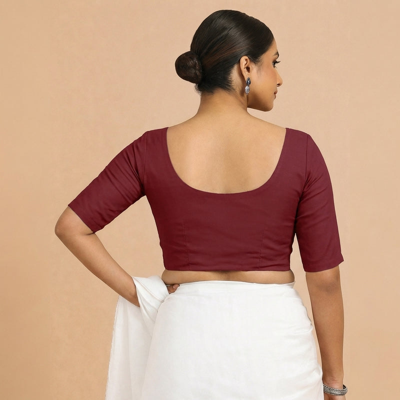 Meghna x Rozaana | Elbow Sleeves Cranberry Red Linen Saree Blouse-Binks