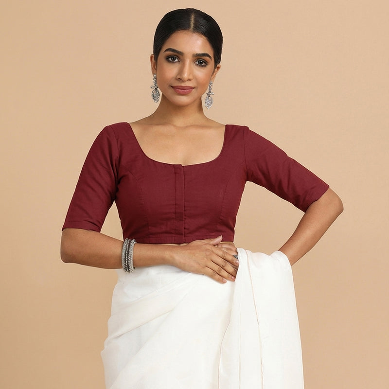 Meghna x Rozaana | Elbow Sleeves Cranberry Red Linen Saree Blouse-Binks
