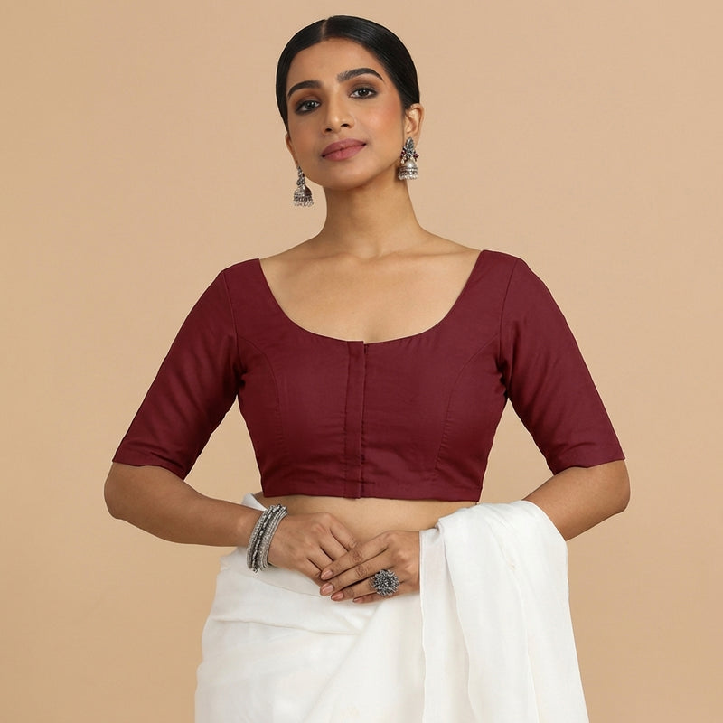 Meghna x Rozaana | Elbow Sleeves Cranberry Red Linen Saree Blouse-Binks