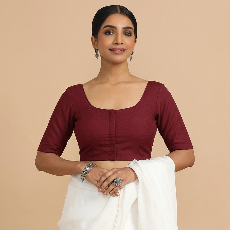 Meghna x Rozaana | Elbow Sleeves Cranberry Red Linen Saree Blouse-Binks