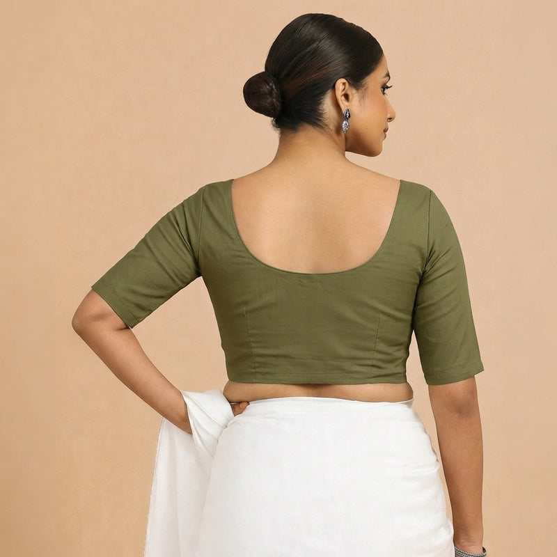 Meghna x Rozaana | Elbow Sleeves Deep Olive Green Linen Saree Blouse-Binks