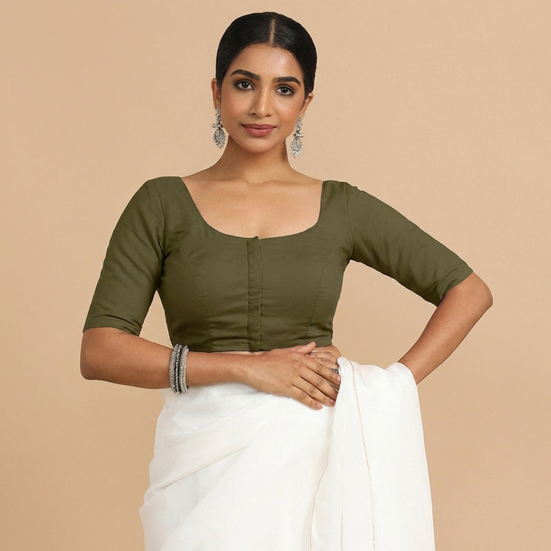 Meghna x Rozaana | Elbow Sleeves Deep Olive Green Linen Saree Blouse-Binks