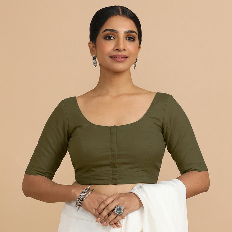 Meghna x Rozaana | Elbow Sleeves Deep Olive Green Linen Saree Blouse-Binks