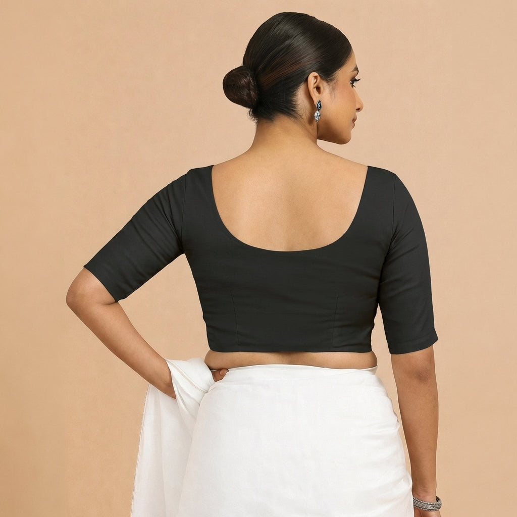 Meghna x Rozaana Saree Blouse, in Black 70% Cotton 30% Linen, featuring elbow sleeves and round neckline (view 2).