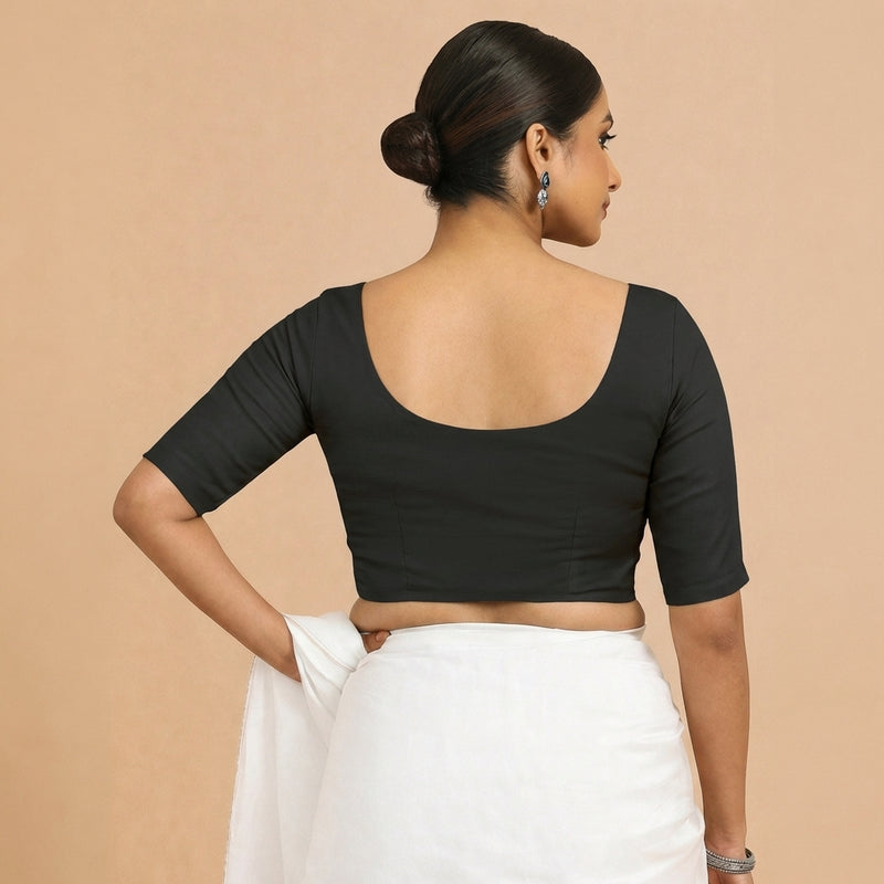 Meghna x Rozaana | Elbow Sleeves Ebony Black Linen Saree Blouse-Binks