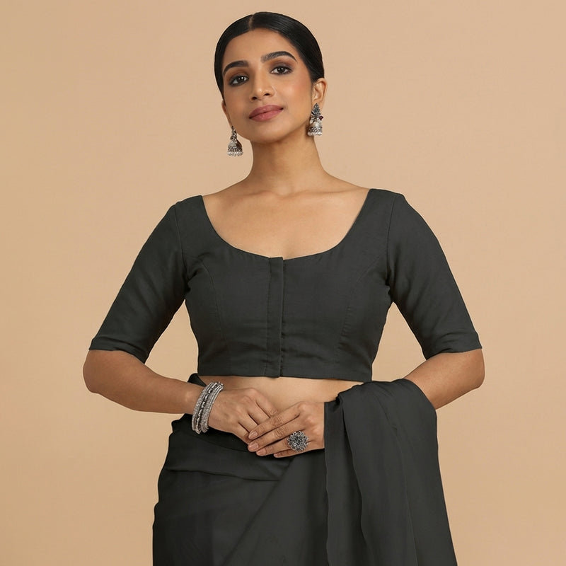 Meghna x Rozaana | Elbow Sleeves Ebony Black Linen Saree Blouse-Binks