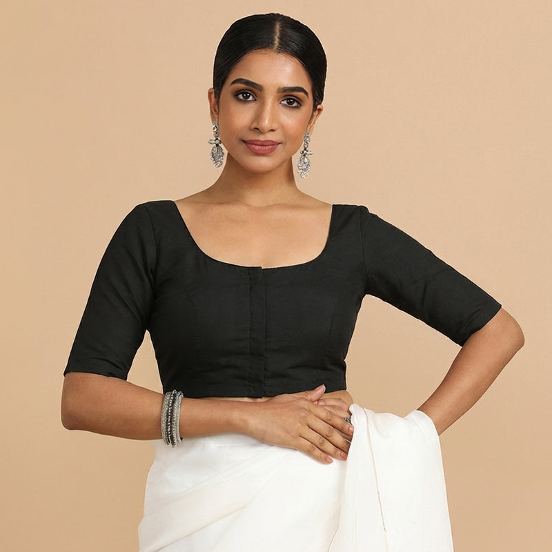 Meghna x Rozaana | Elbow Sleeves Ebony Black Linen Saree Blouse-Binks