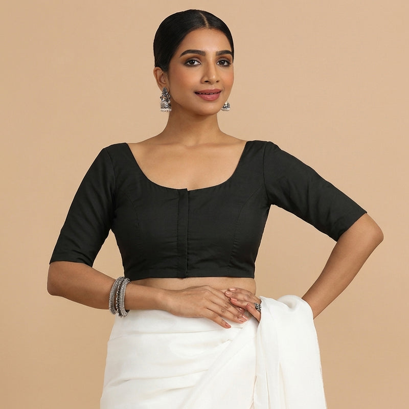 Meghna x Rozaana | Elbow Sleeves Ebony Black Linen Saree Blouse-Binks