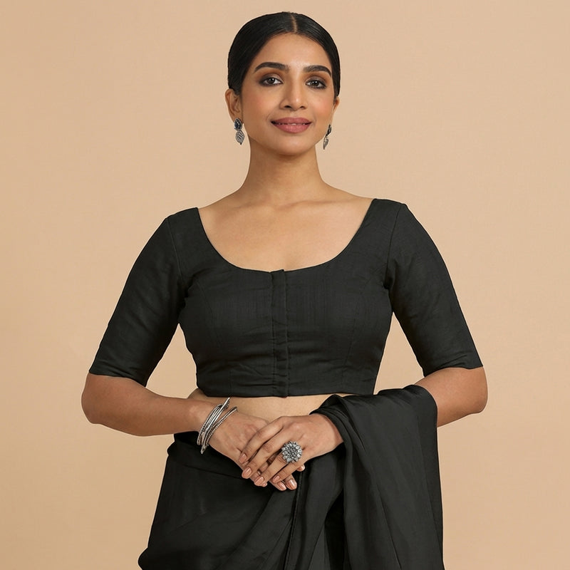 Meghna x Rozaana | Elbow Sleeves Ebony Black Linen Saree Blouse-Binks