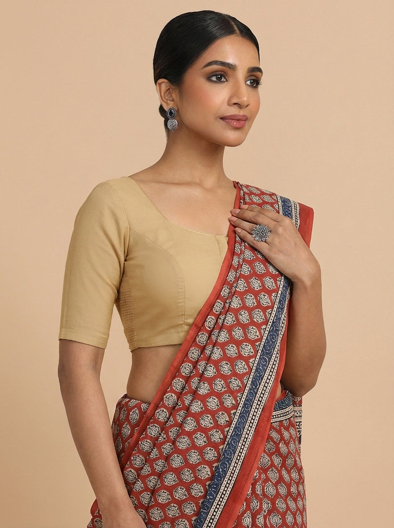 Meghna x Rozaana | Elbow Sleeves Ecru Beige Linen Saree Blouse-Binks