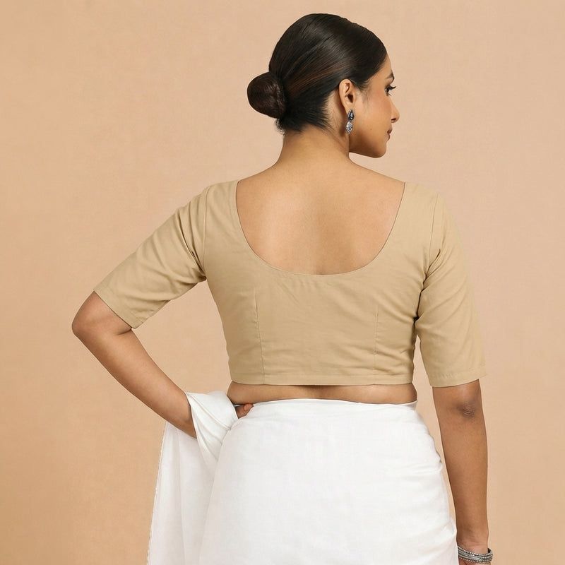 Meghna x Rozaana | Elbow Sleeves Ecru Beige Linen Saree Blouse-Binks
