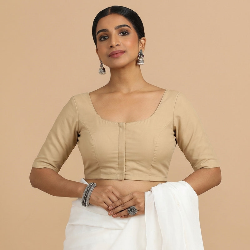 Meghna x Rozaana | Elbow Sleeves Ecru Beige Linen Saree Blouse-Binks