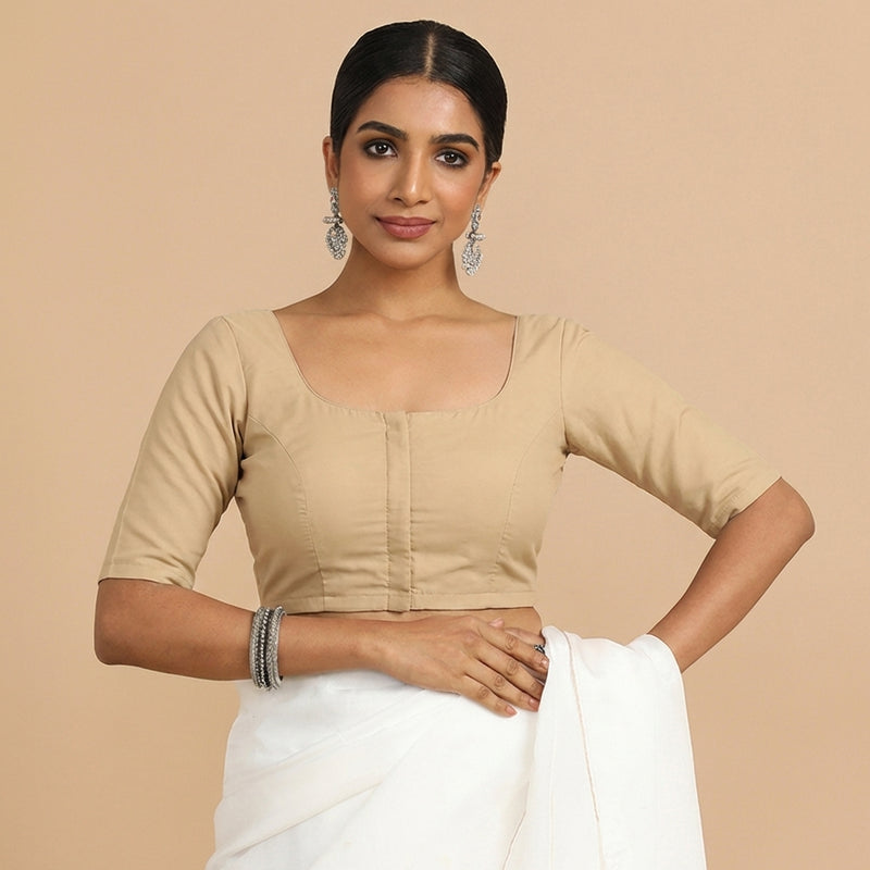 Meghna x Rozaana | Elbow Sleeves Ecru Beige Linen Saree Blouse-Binks