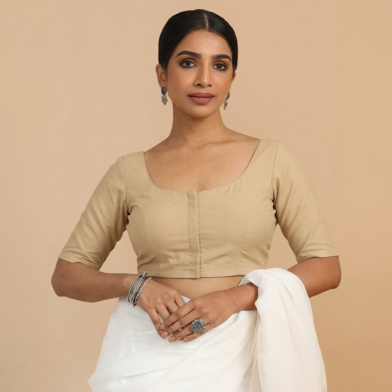 Meghna x Rozaana | Elbow Sleeves Ecru Beige Linen Saree Blouse-Binks