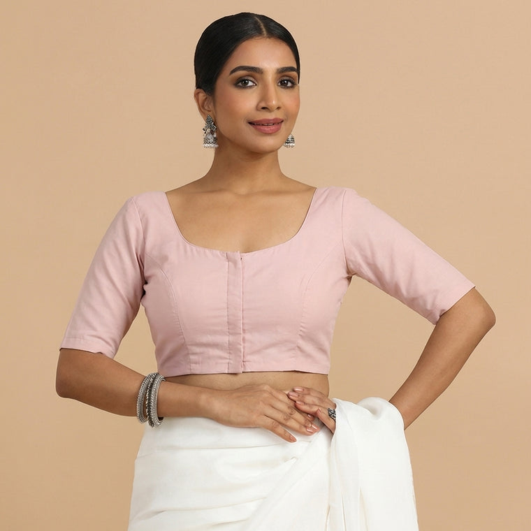 Meghna x Rozaana Saree Blouse, in Pink 70% Cotton 30% Linen, featuring elbow sleeves and round neckline.