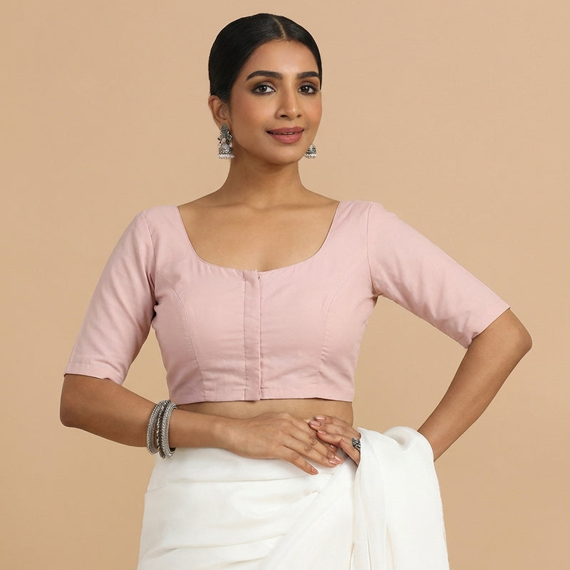 Meghna x Rozaana | Elbow Sleeves Misty Pink Linen Saree Blouse-Binks