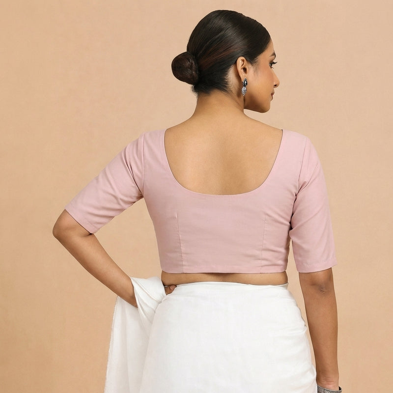 Meghna x Rozaana | Elbow Sleeves Misty Pink Linen Saree Blouse-Binks