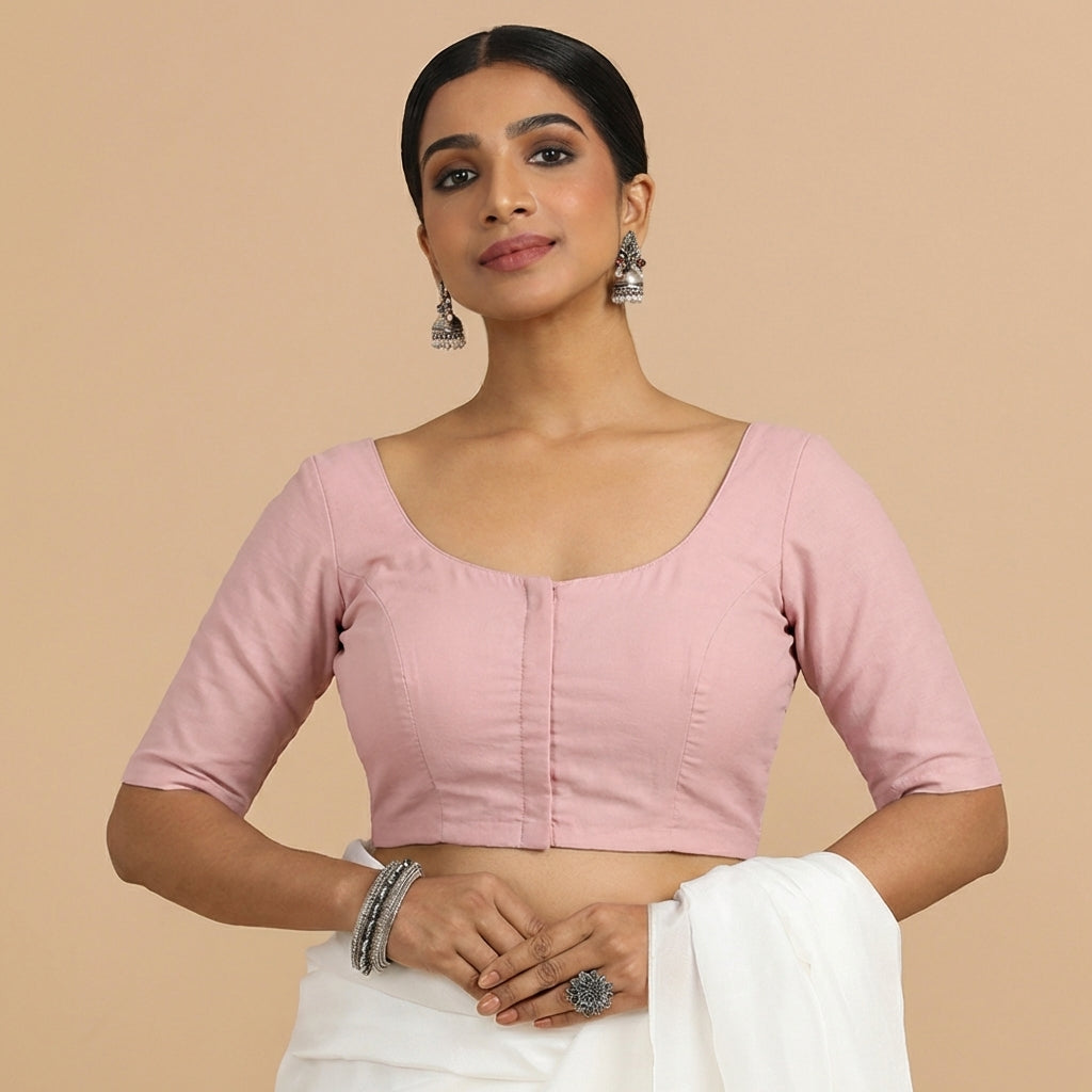 Meghna x Rozaana Saree Blouse, in Pink 70% Cotton 30% Linen, featuring elbow sleeves and round neckline (view 5).