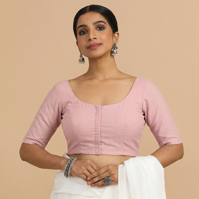 Meghna x Rozaana | Elbow Sleeves Misty Pink Linen Saree Blouse-Binks