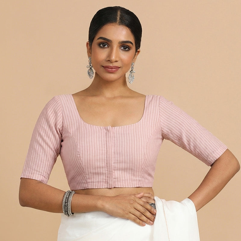 Meghna x Rozaana | Elbow Sleeves Misty Pink Linen Saree Blouse-Binks
