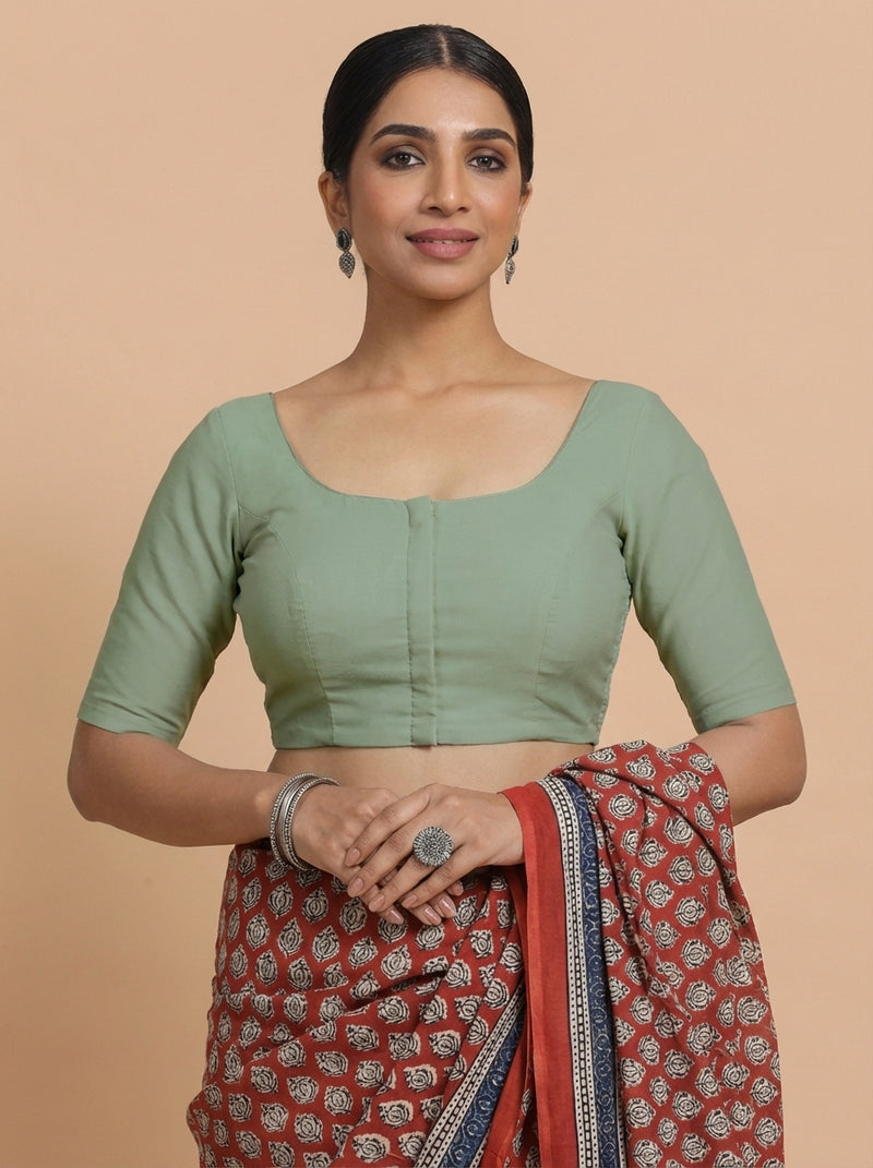 Meghna x Rozaana | Elbow Sleeves Peppermint Green Linen Saree Blouse-Binks
