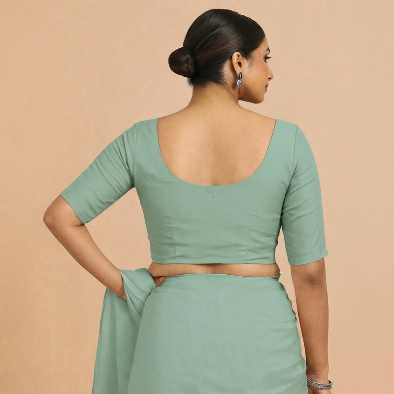 Meghna x Rozaana | Elbow Sleeves Peppermint Green Linen Saree Blouse-Binks