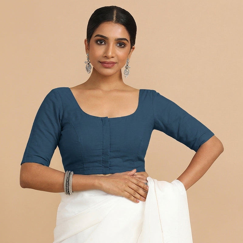 Meghna x Rozaana | Elbow Sleeves Regal Blue Linen Saree Blouse-Binks