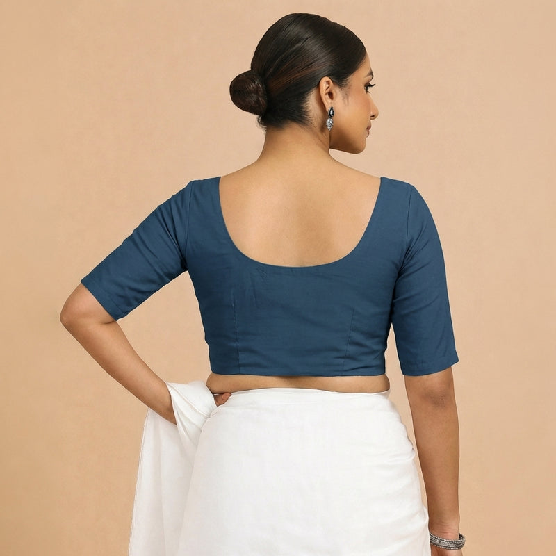 Meghna x Rozaana | Elbow Sleeves Regal Blue Linen Saree Blouse-Binks