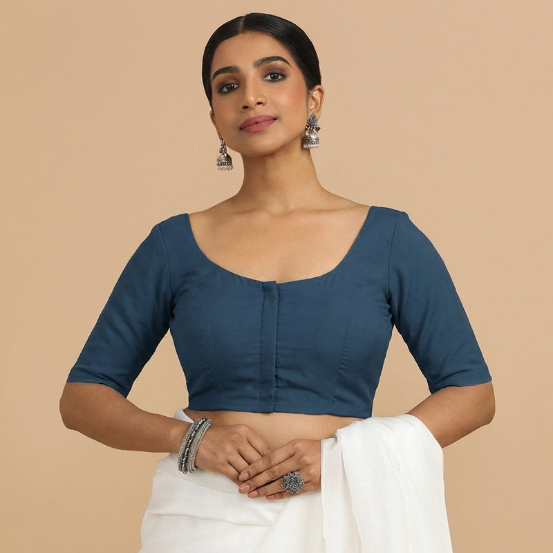 Meghna x Rozaana | Elbow Sleeves Regal Blue Linen Saree Blouse-Binks