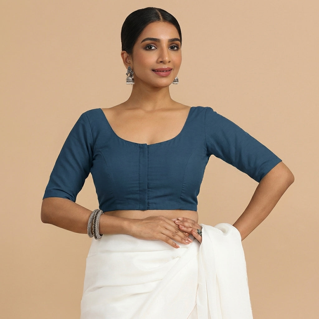 Meghna x Rozaana Saree Blouse, in Blue 70% Cotton 30% Linen, featuring elbow sleeves and round neckline (view 6).