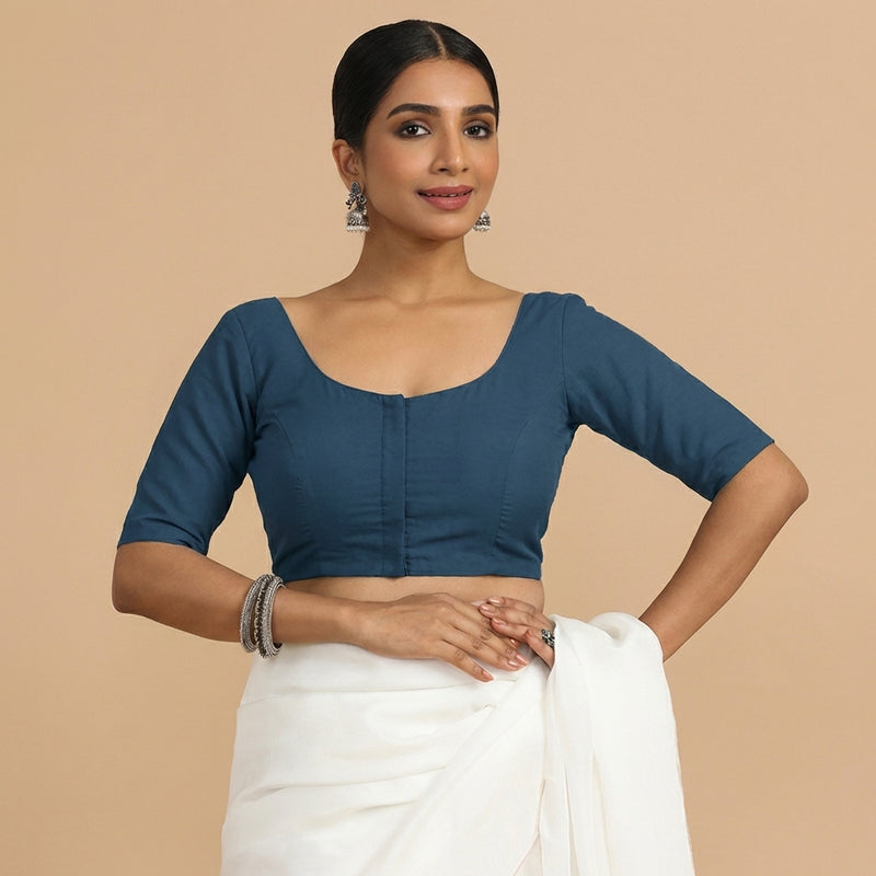 Meghna x Rozaana | Elbow Sleeves Regal Blue Linen Saree Blouse-Binks