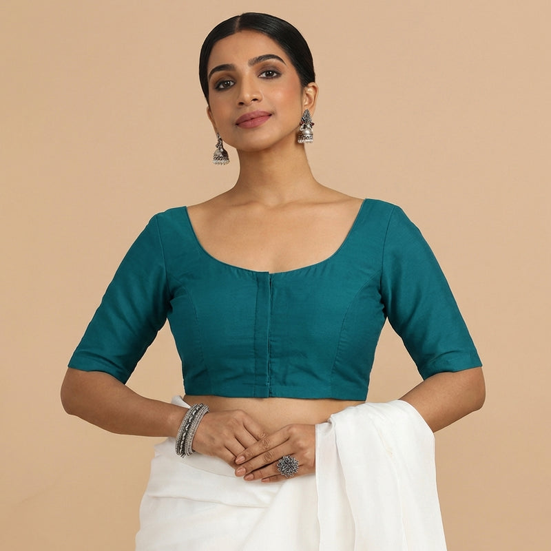 Meghna x Rozaana | Elbow Sleeves Teal Blue Linen Saree Blouse-Binks