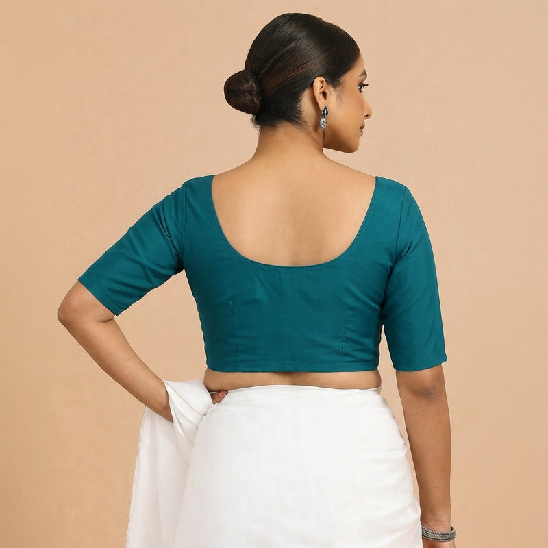 Meghna x Rozaana | Elbow Sleeves Teal Blue Linen Saree Blouse-Binks