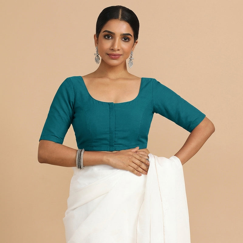 Meghna x Rozaana | Elbow Sleeves Teal Blue Linen Saree Blouse-Binks