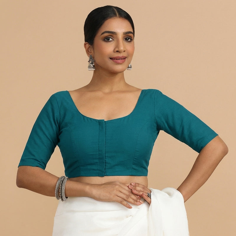 Meghna x Rozaana | Elbow Sleeves Teal Blue Linen Saree Blouse-Binks