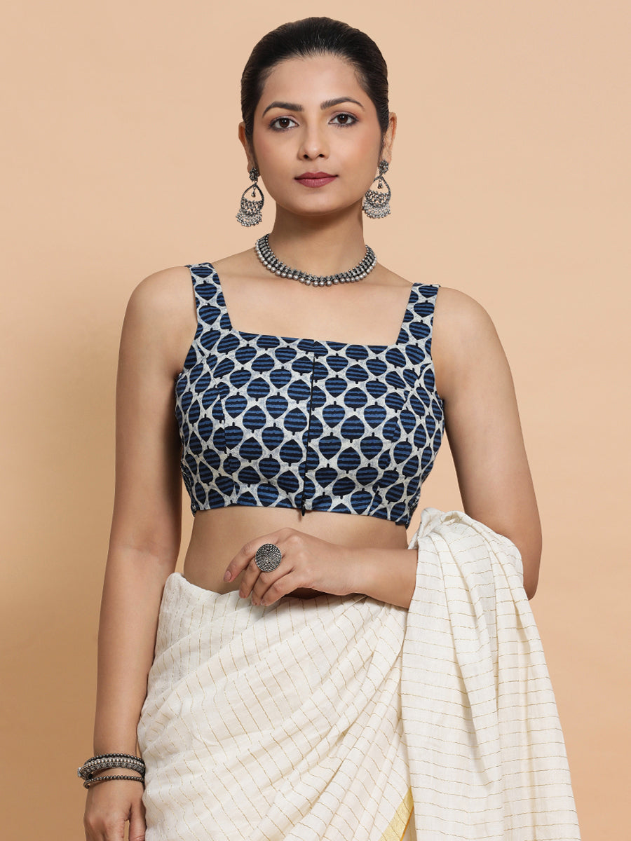 Meher x Rozaana Saree Blouse, in Blue Cotton, featuring sleeveless and square neckline, made for daily & work.