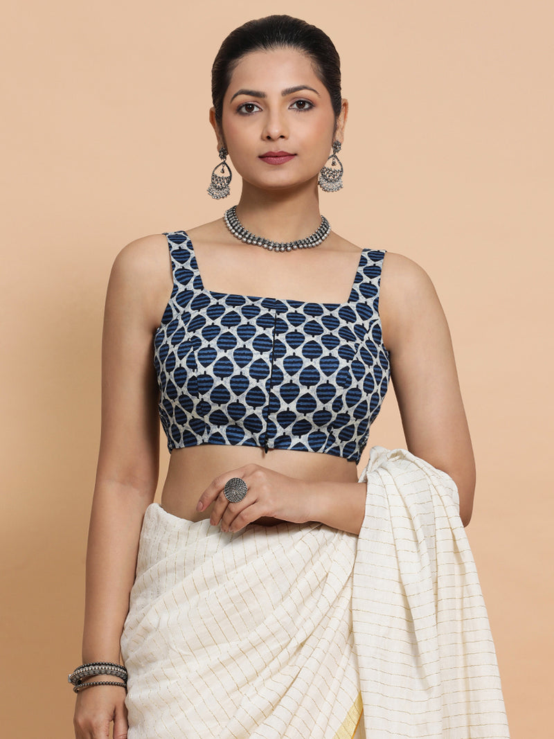 Meher x Rozaana | Sleeveless Cotton Saree Blouse in Indigo Blue Leaf Block Print Fabric-Binks