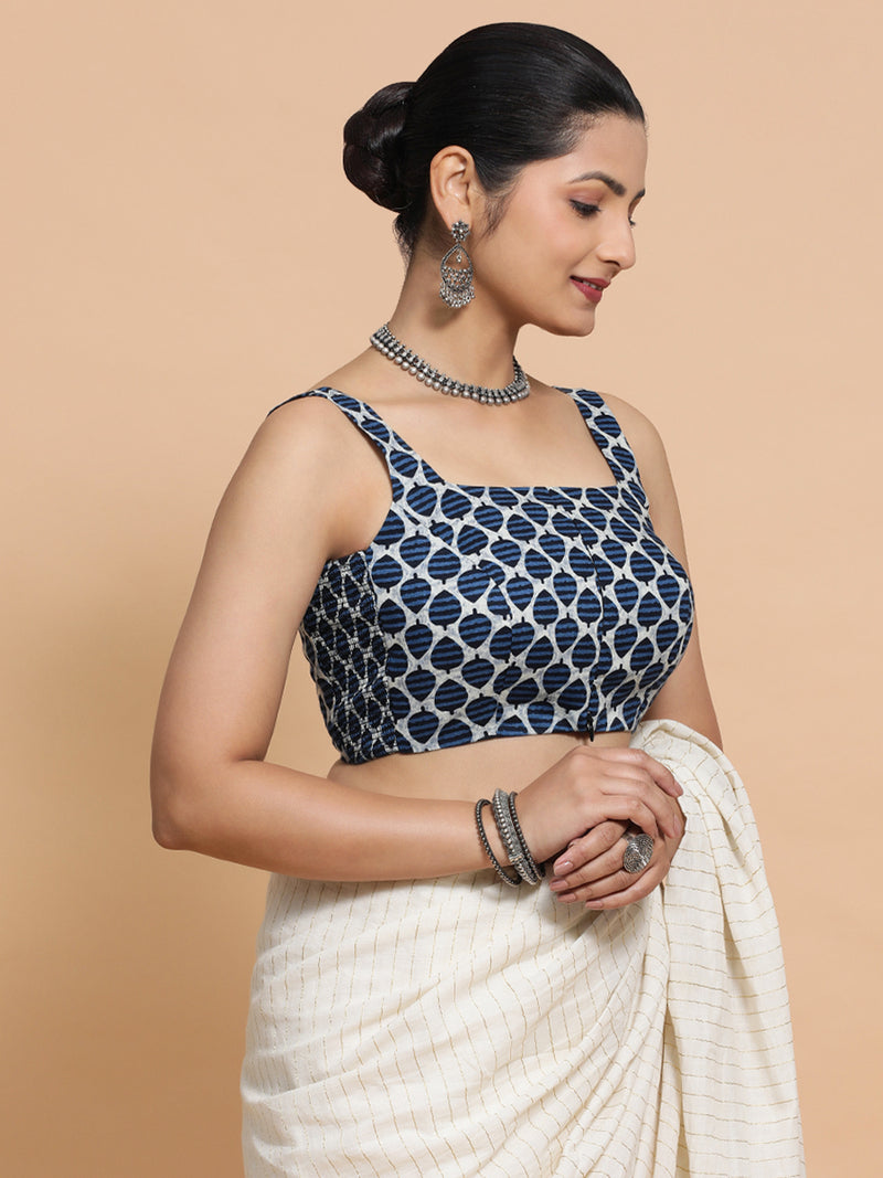 Meher x Rozaana | Sleeveless Cotton Saree Blouse in Indigo Blue Leaf Block Print Fabric-Binks