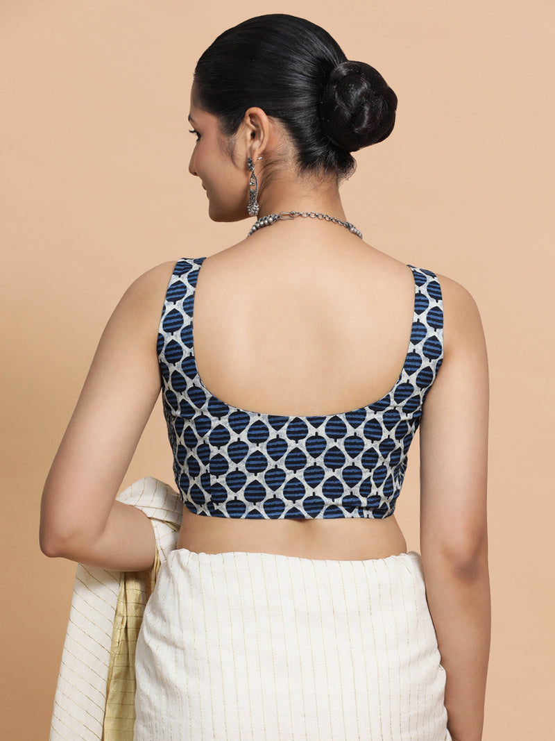 Meher x Rozaana | Sleeveless Cotton Saree Blouse in Indigo Blue Leaf Block Print Fabric-Binks