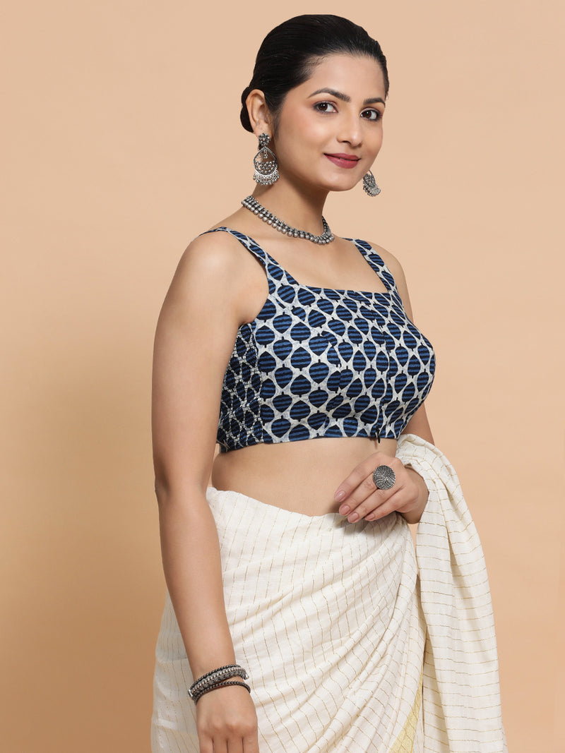 Meher x Rozaana | Sleeveless Cotton Saree Blouse in Indigo Blue Leaf Block Print Fabric-Binks