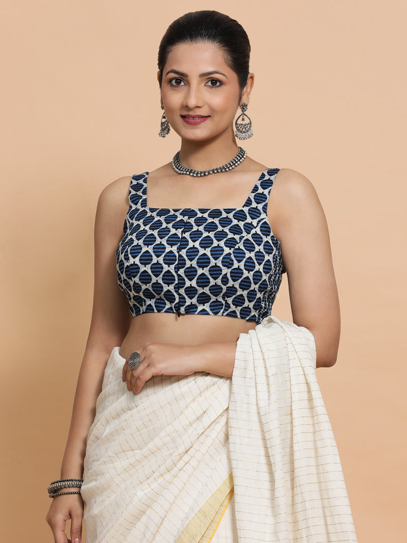 Meher x Rozaana | Sleeveless Cotton Saree Blouse in Indigo Blue Leaf Block Print Fabric-Binks