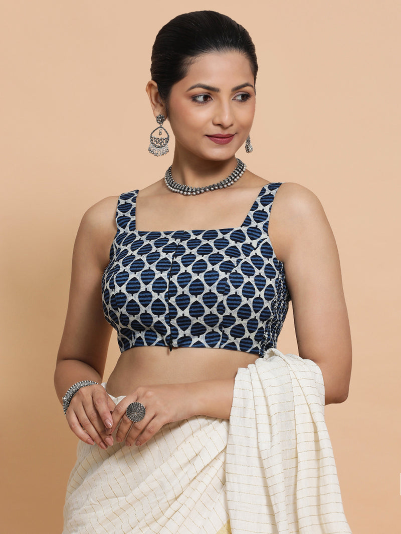 Meher x Rozaana | Sleeveless Cotton Saree Blouse in Indigo Blue Leaf Block Print Fabric-Binks