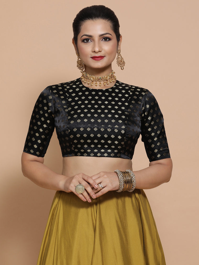 Mihika x Tyohaar Saree Blouse, in Black Embroidery & Brocade, featuring elbow sleeves and jewel neckline.
