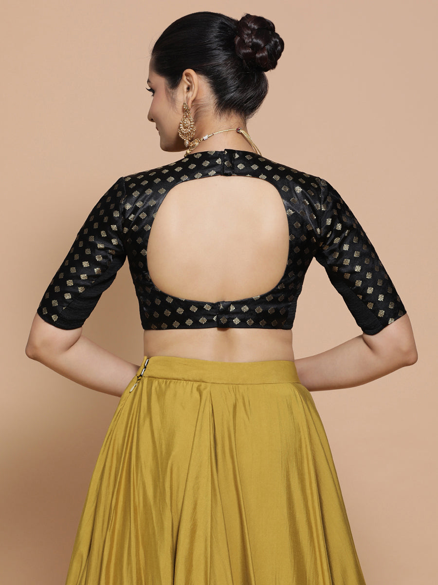 Mihika x Tyohaar Saree Blouse, in Black Embroidery & Brocade, featuring elbow sleeves and jewel neckline (view 2).