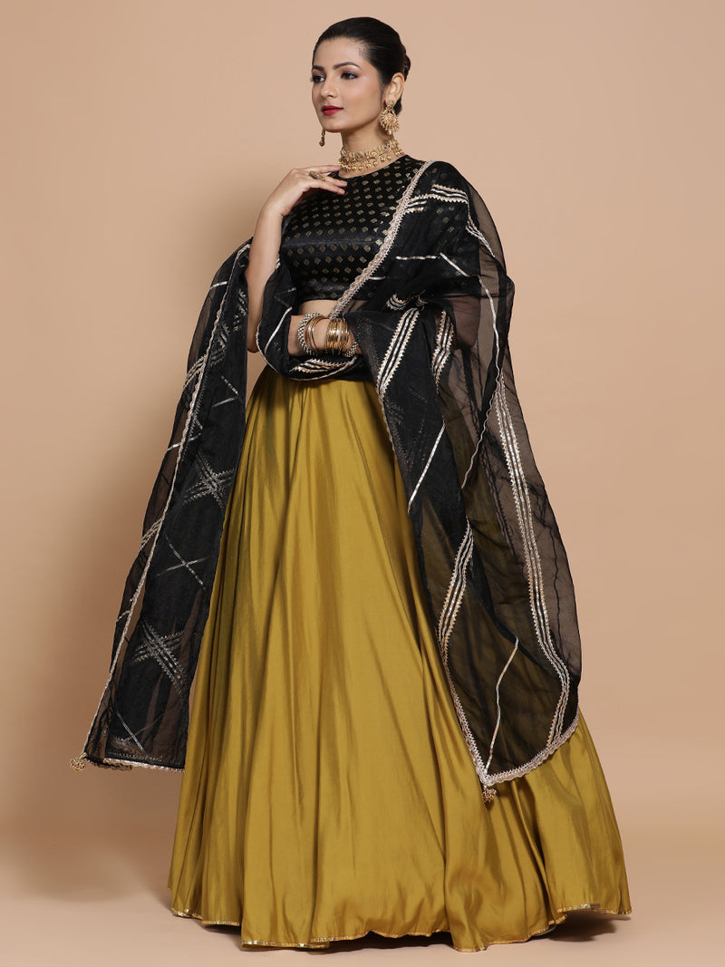 Mihika x Tyohaar | Elbow Sleeves Satin Viscose Saree Blouse in Black Butta Fabric-Binks