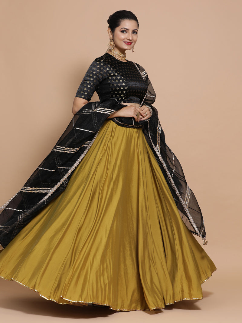 Mihika x Tyohaar | Elbow Sleeves Satin Viscose Saree Blouse in Black Butta Fabric-Binks