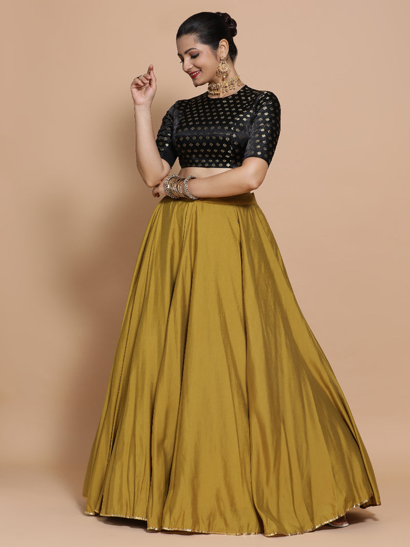 Mihika x Tyohaar | Elbow Sleeves Satin Viscose Saree Blouse in Black Butta Fabric-Binks